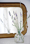 Lavender flowers in glass, in front of gold-framed mirror