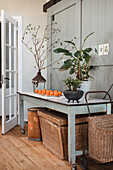 Rustic wooden table with plants and oranges in a bright room