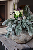 Plant decoration with protea and fir branches on wooden table in front of fireplace