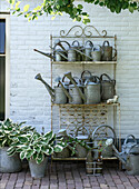 Vintage metal watering cans on a garden shelf in front of a white brick wall