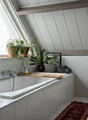 Bathroom with sloping roof, bathtub, wooden shelf and various plants