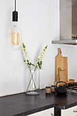 Kitchen counter area with hanging lamp and dried flowers in glass vase