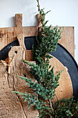 Juniper branch on rustic chopping boards