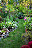 Gartenpfad mit Farnen und Blütenpflanzen im Sommer