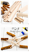 Wooden sticks and clips for craft projects on a white background