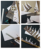 Craft materials for DIY forest scene with paper, ruler and scissors