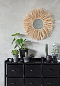 Black chest of drawers with various houseplants and mirror with natural material frame