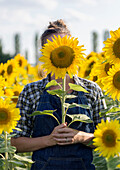 Person steht im Sonnenblumenfeld und hält Sonnenblume (Helianthus) vor Gesicht