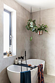 Freestanding bathtub with hanging plants and coloured towels in modern bathroom