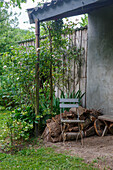 Garden chair in a rustic setting with climbing roses and pile of firewood