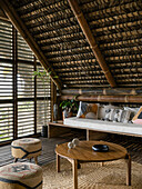 Living area with bamboo construction and woven straw, Casa Toquilla, Ecuador