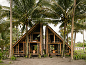 Triangular bamboo house surrounded by palm trees on Isla Portete, Ecuador
