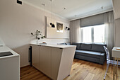 Modern studio with asymmetrical kitchen unit and grey sofa