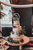 Hochzeitstorte mit Eukalyptuszweigen und Zapfen auf Holz-Etagere