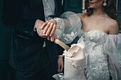 Braut und Bräutigam schneiden gemeinsam eine Hochzeitstorte an