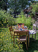 Wooden table set in summer garden with flowers and colourful crockery