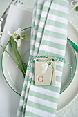 Table setting with striped cloth napkin and clay pendant with snowdrops