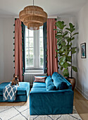 Corner with blue velvet sofa, pink curtains and large houseplant