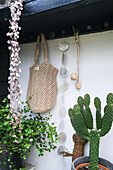 Macramé bag and plants, including a cactus, on a wall