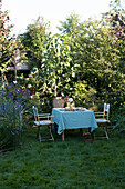 Table setting in a green garden with flowering plants