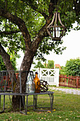 Vintage bench under a tree with decorative bottles and lantern in the garden