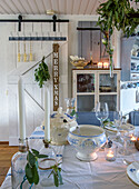 Christmas table setting with blue and white ceramics in country house style