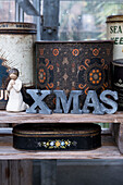 Vintage decoration with XMAS letters and storage boxes