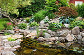 Natural rock garden with small pond and lush planting