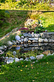 Small pond with natural stones and autumn flowers in the garden