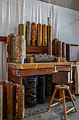 Antique rollers for wallpaper printing in workshop