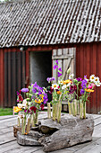 Bunte Wildblumen in Reagenzgläsern auf altem Holzblock vor rotem Schuppen