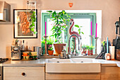 Kitchen window with plants and candlesticks in front of green frame glazing