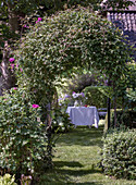 Bewachsener Rosenbogen und gedeckter Tisch im Garten