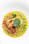 Gourmet dish with fish fillet, quinoa and peas on a curry sauce