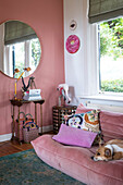 Living room with pink wall, velvet sofa with dog and round mirror