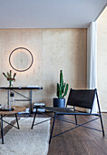 Modern living area with wood panelling