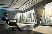 Mann sitz in einer virtuellen Wohnung und schaut auf auf eine Skyline einer futuristischen Stadt,  Deutschland