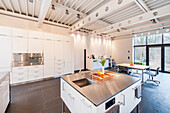 Offene Küche in einer Villa im Bauhausstil, Sauerland, Deutschland