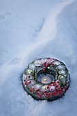 Weihnachtsdekoration mit Eisring in Kuchenform, gefüllt mit Stechpalme, Mistel, Zapfen und Nadeln im Schnee