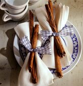 Winter table decoration: napkins with cinnamon sticks