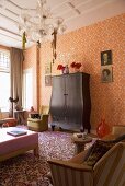 Colourful interior with floral wallpaper and wooden carpet