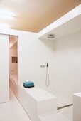 Weisses Badezimmer mit angrenzendem Schlafraum; durch eine Schiebtür verbunden