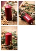 Decorating a candle with ivy, fir sprigs and cinnamon sticks