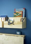 Fold-down desk with wooden storage boxes