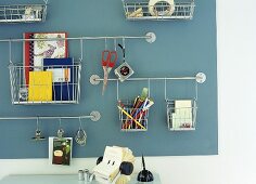 Wall-mounted baskets for storing office supplies
