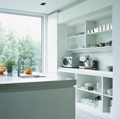 Helle Küche mit offenen Schränken, einer Espresso-Maschine und Kochinsel vor Panoramafenster