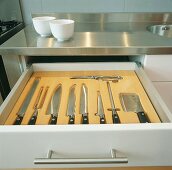 Schubladeneinsatz mit Messern und Geflügelschere in einer Edelstahlküche