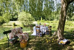 Gedeckter Tisch am Teich im romantischen Garten