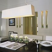 A pendent lamp with a white shade hanging above a dining table and narrow, illuminated wall niches