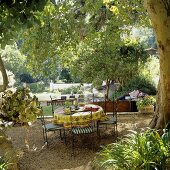 Blick in den Garten auf Tisch mit Tischtuch und Stühlen